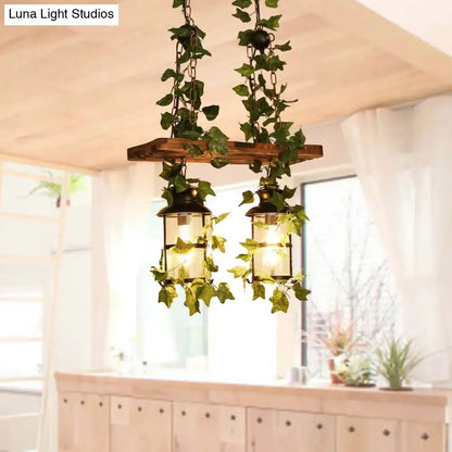 Retro wooden ivy island ceiling light pink & green dining room