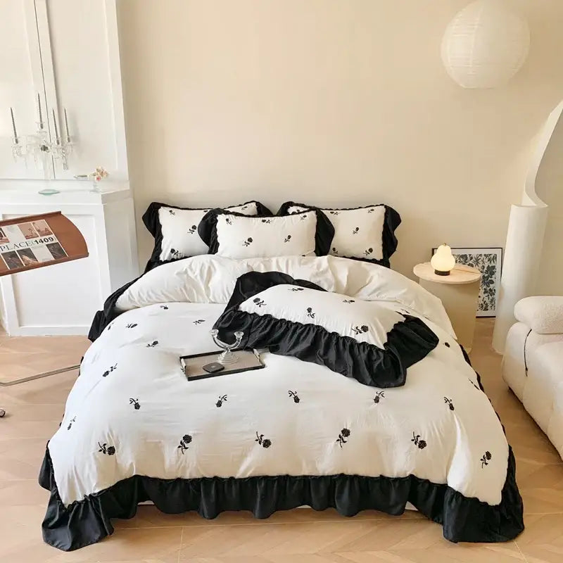 Princess white rose embroidered duvet cover set bedroom ruffled edges