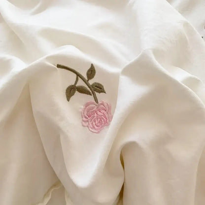 Princess white rose embroidered duvet cover set bedroom ruffled edges