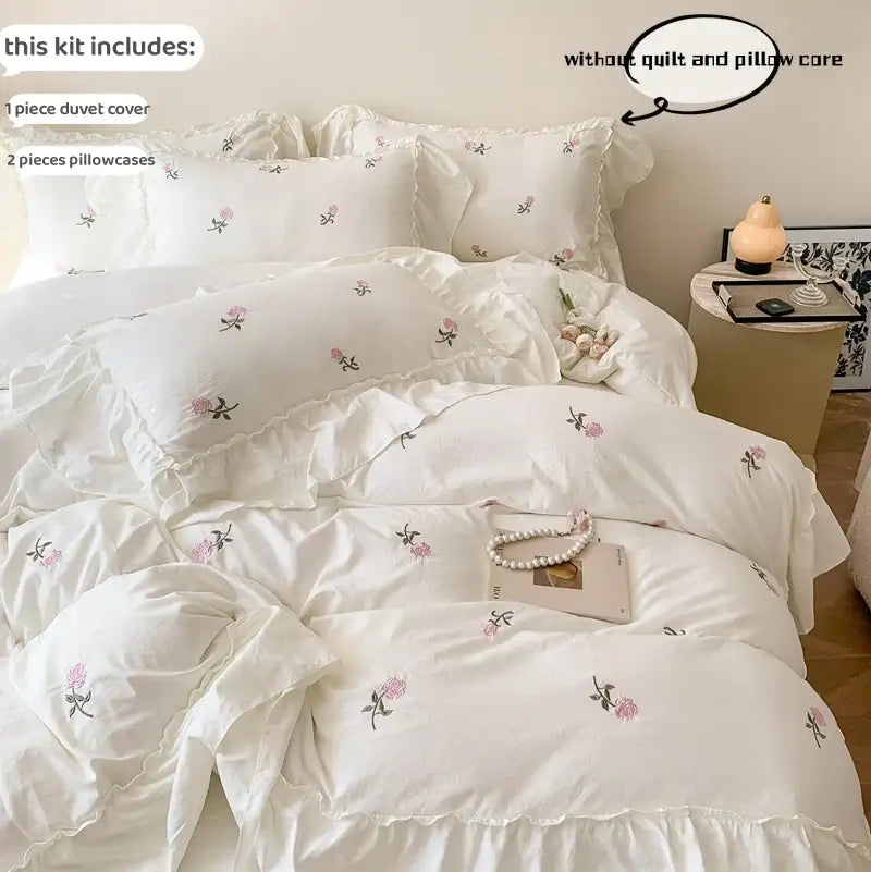 Princess white rose embroidered duvet cover set bedroom ruffled edges