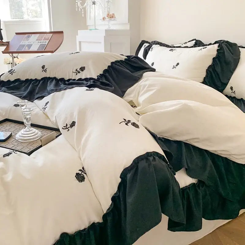Princess white rose embroidered duvet set bedroom ruffled bedding