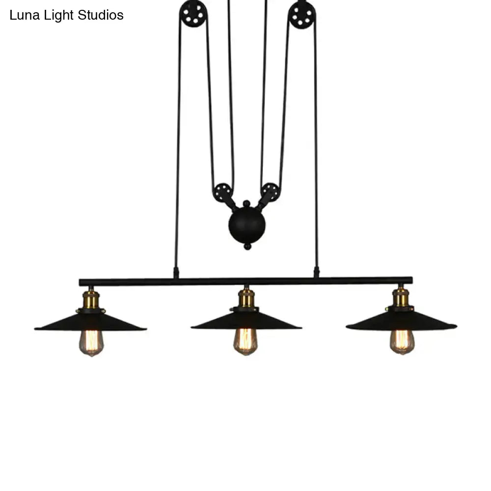 Industrial rustic 3 head pulley pendant light dining room flared shade
