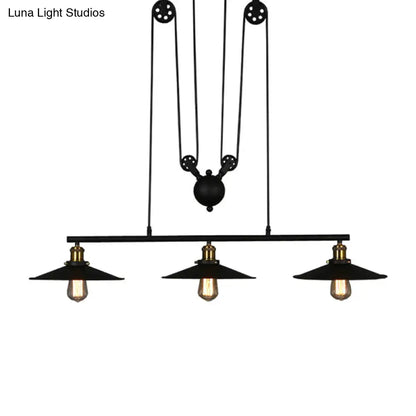 Industrial rustic 3 head pulley pendant light dining room flared shade