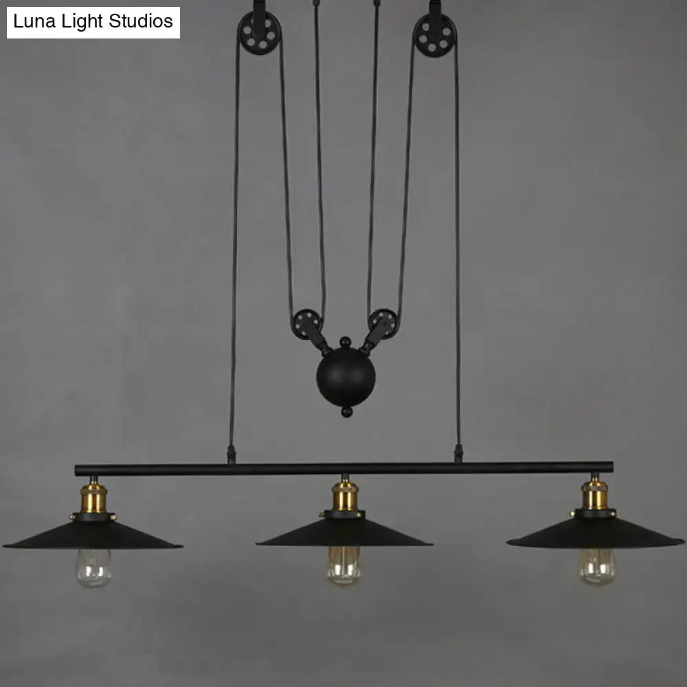 Industrial rustic 3 head pulley pendant light dining room flared shade