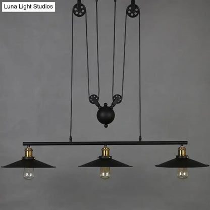 Industrial rustic 3 head pulley pendant light dining room flared shade