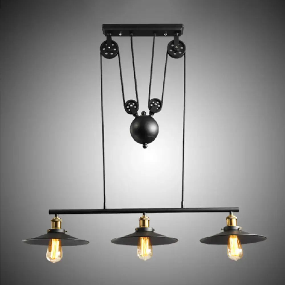 Industrial rustic 3 head pulley pendant light dining room flared shade
