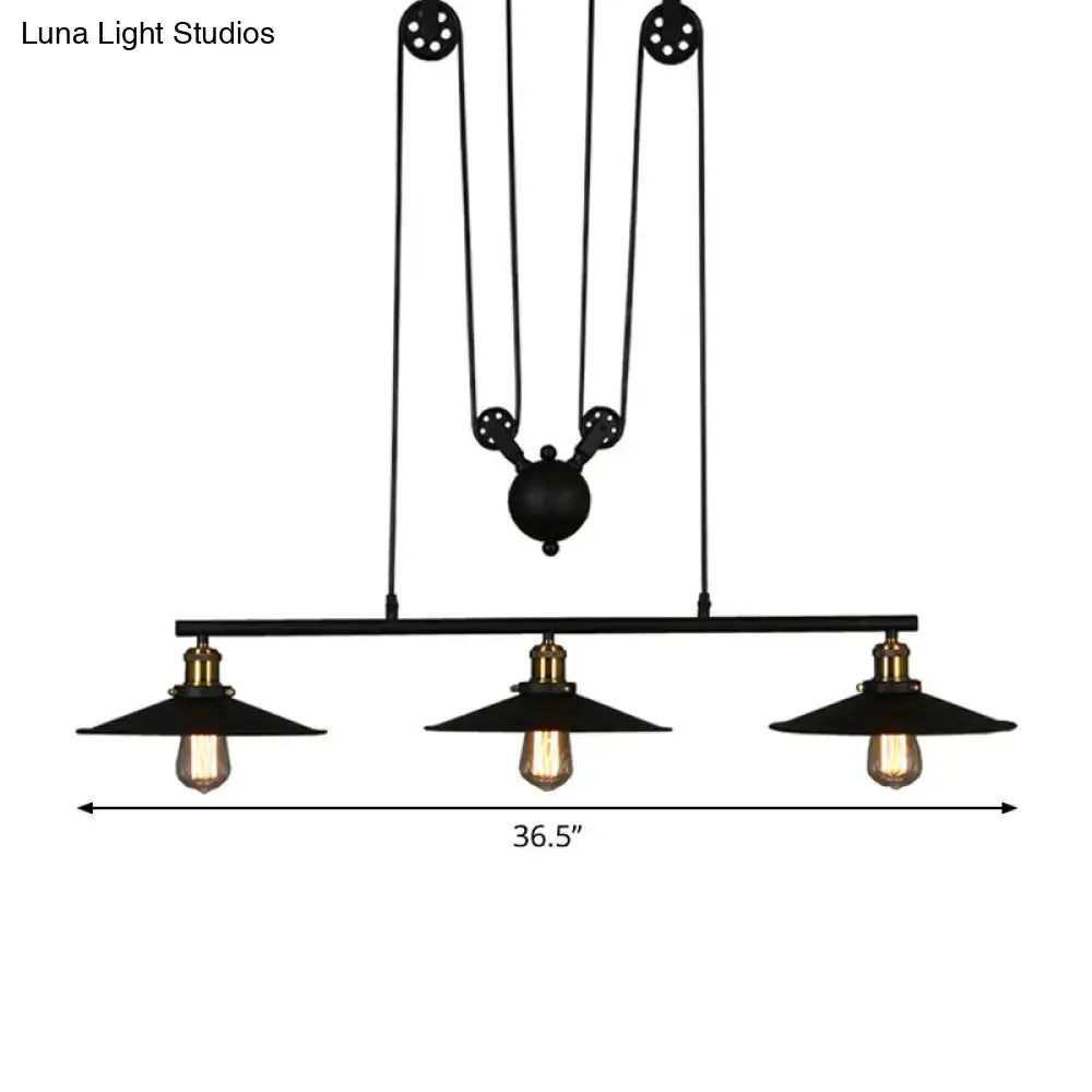Industrial rustic 3 head pulley pendant light dining room flared shade