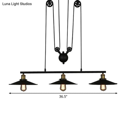 Industrial rustic 3 head pulley pendant light dining room flared shade