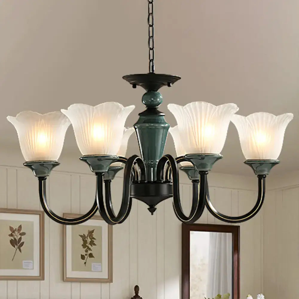 Rustic blackish green floral chandelier with frosted glass living room