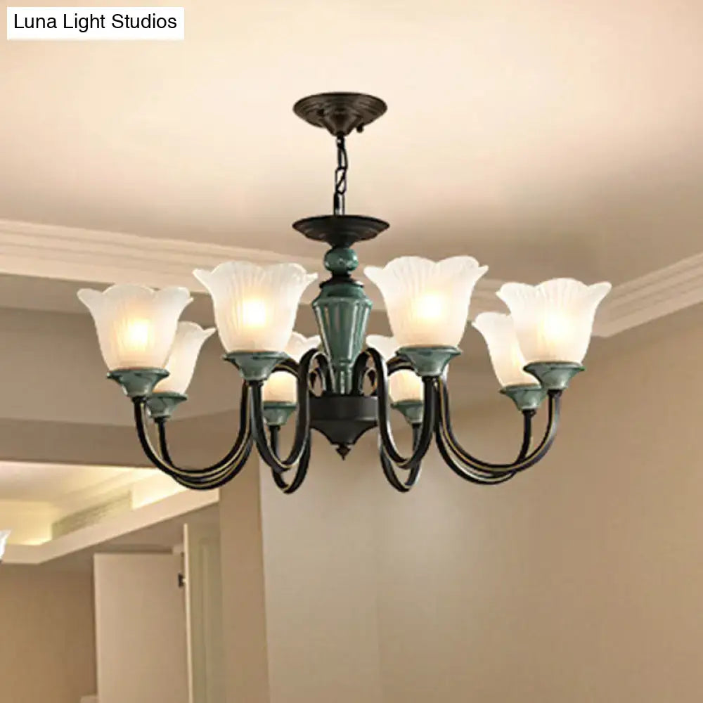 Rustic blackish green floral chandelier with frosted glass living room