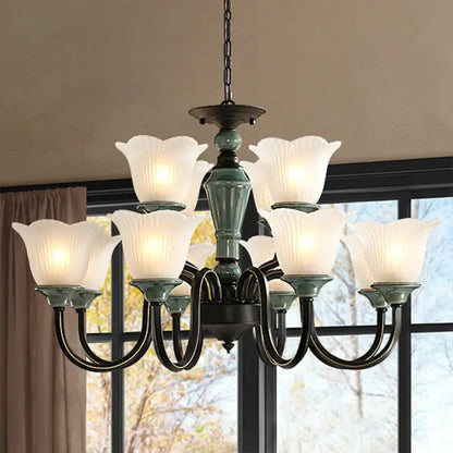 Rustic blackish green floral chandelier with frosted glass living room
