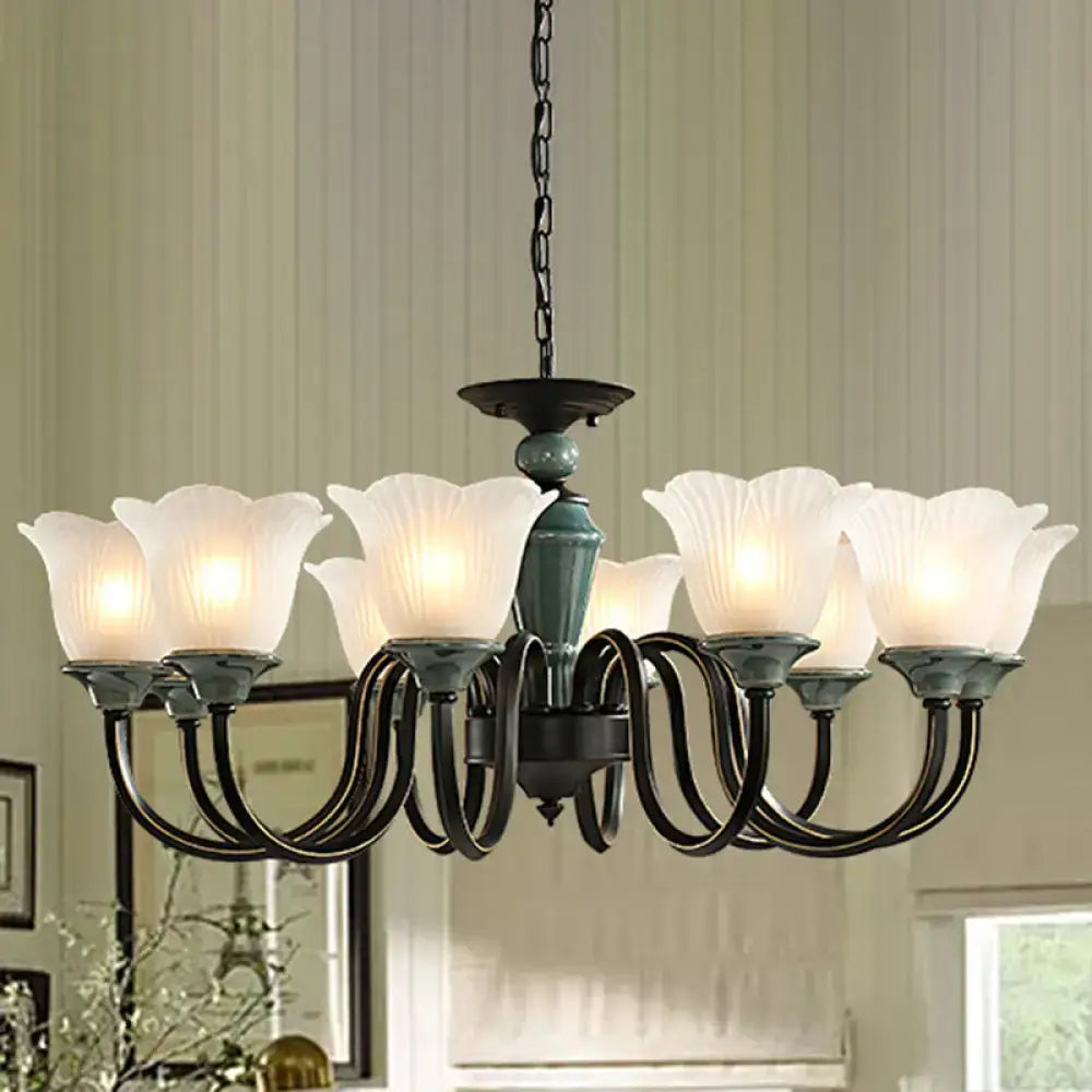 Rustic blackish green floral chandelier with frosted glass living room
