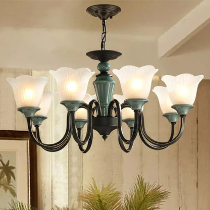 Rustic blackish green floral chandelier with frosted glass living room