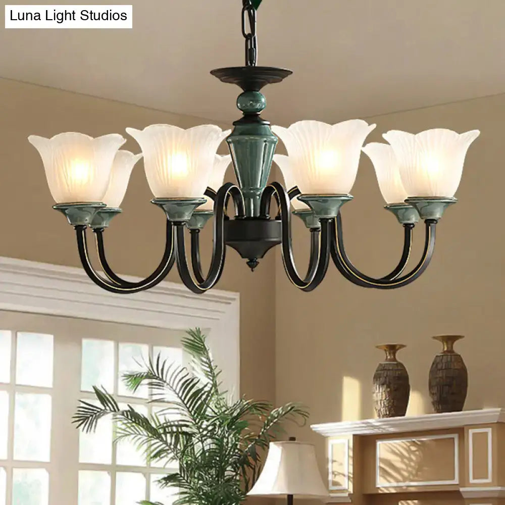 Rustic blackish green floral chandelier with frosted glass living room