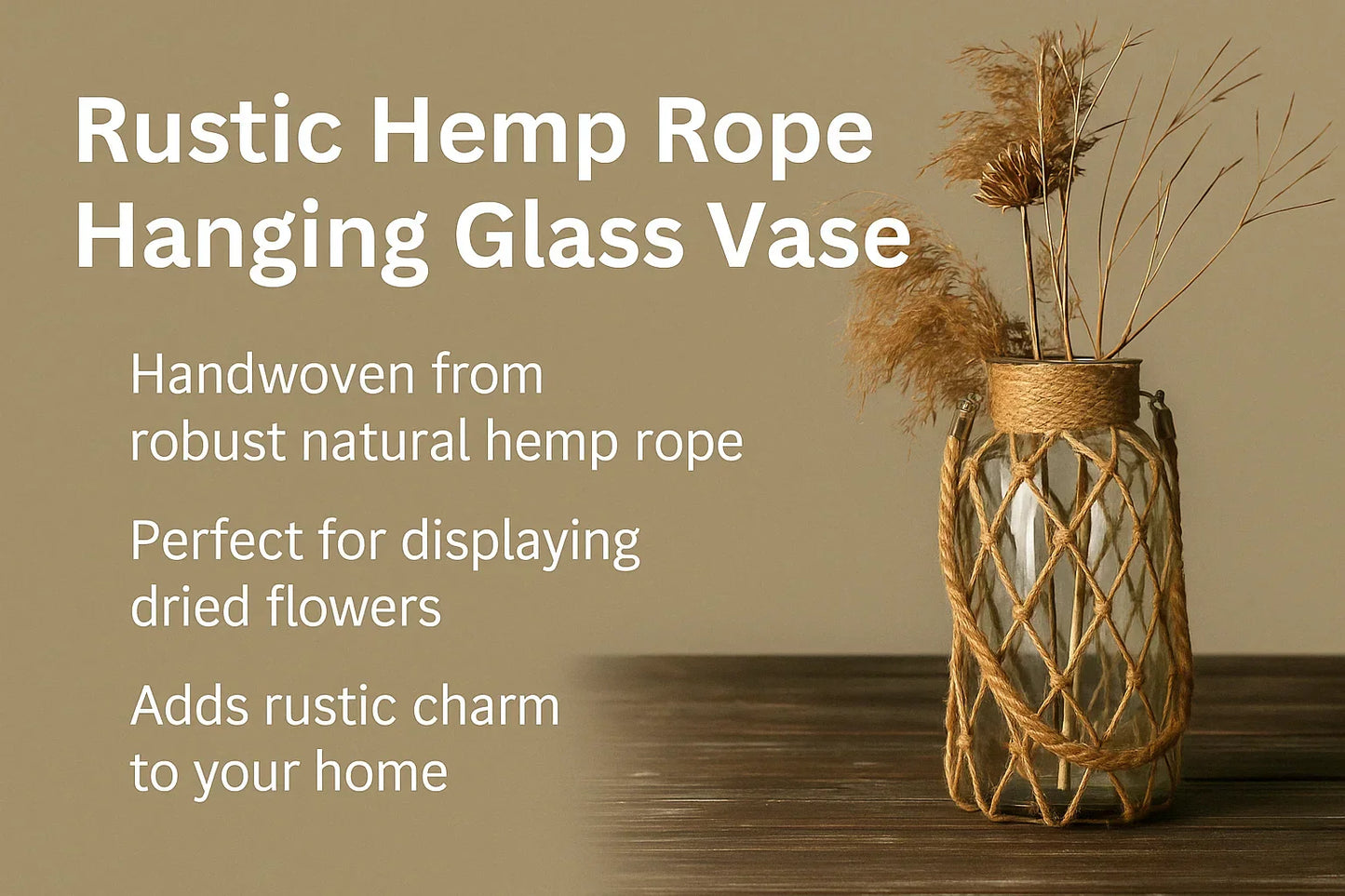 DecorBites™ Rustic Hanging Glass Vase with Hemp Rope