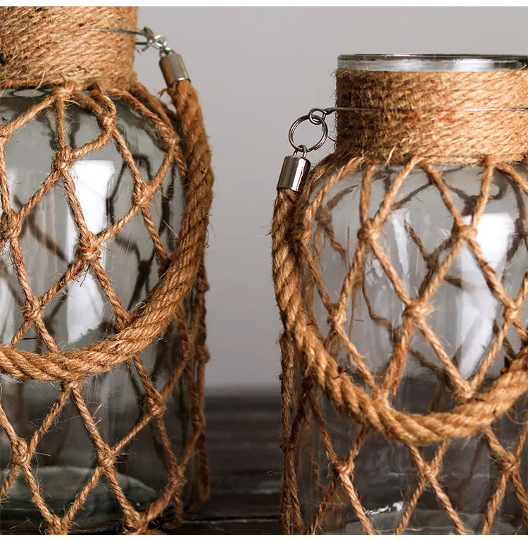 DecorBites™ Rustic Hanging Glass Vase with Hemp Rope
