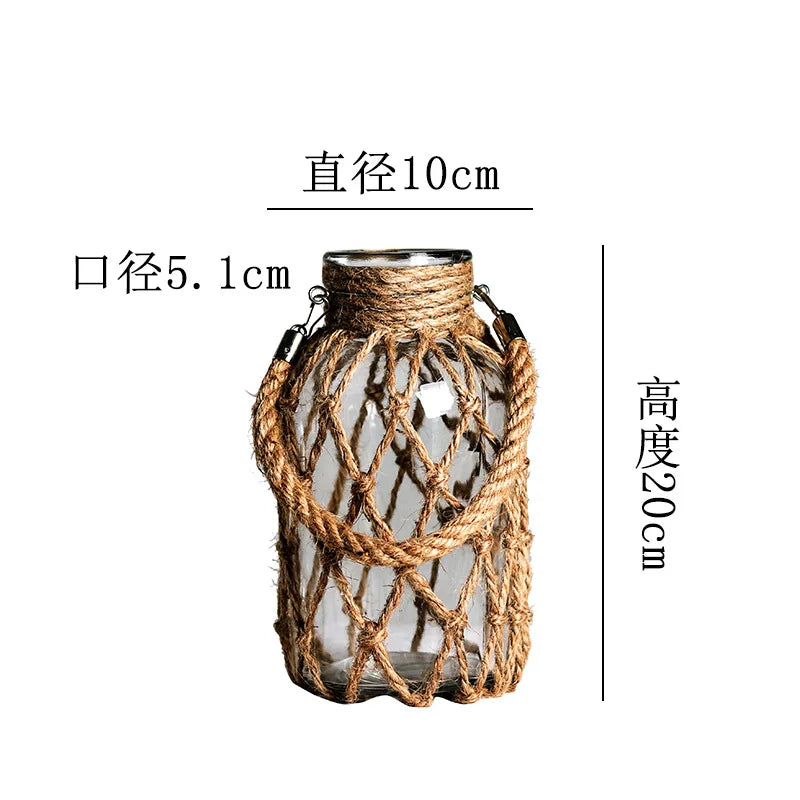 DecorBites™ Rustic Hanging Glass Vase with Hemp Rope