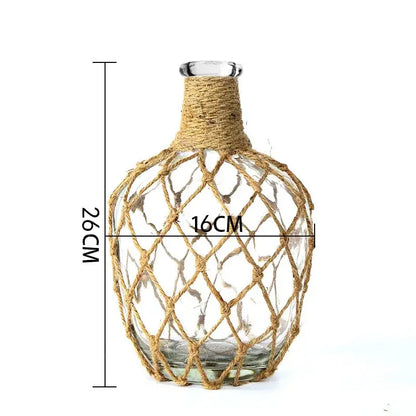 Rustic hanging glass vase with twine and metal handle – living room