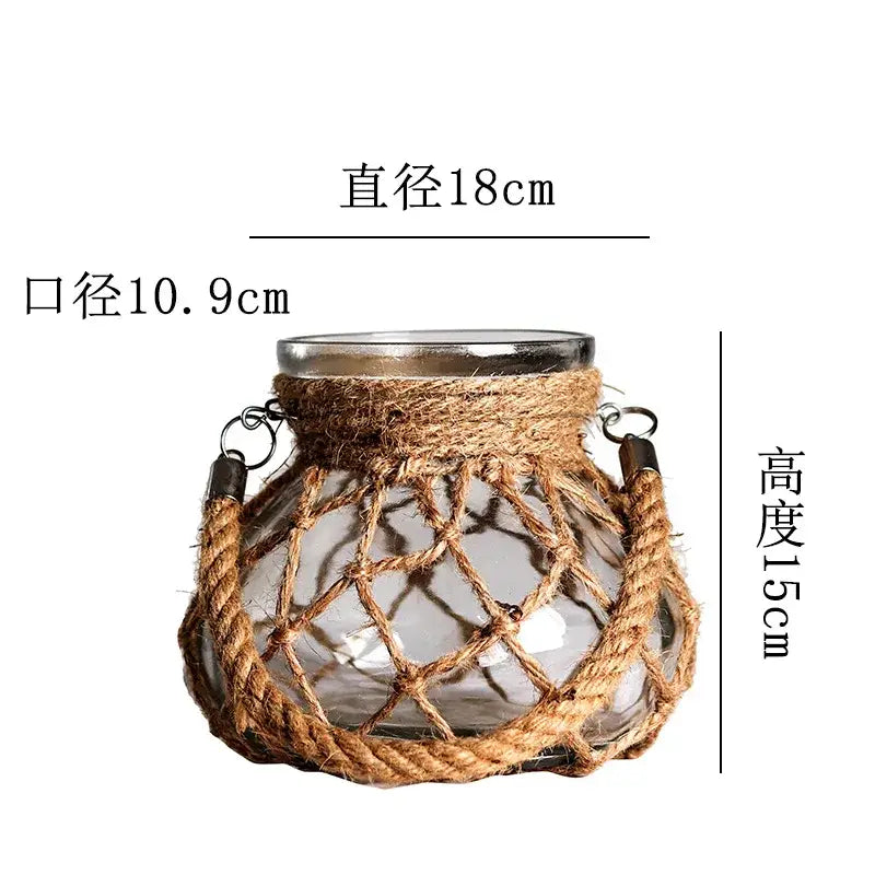 Rustic hanging glass vase with twine and metal handle – living room