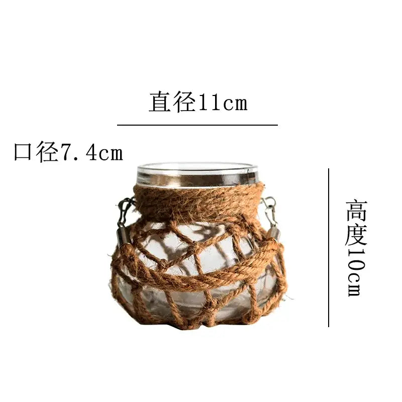 Rustic hanging glass vase with twine and metal handle – living room