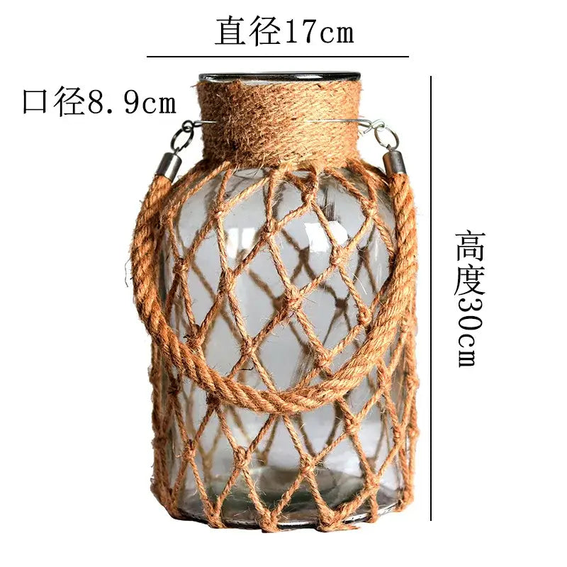 Rustic hanging glass vase with twine and metal handle – living room