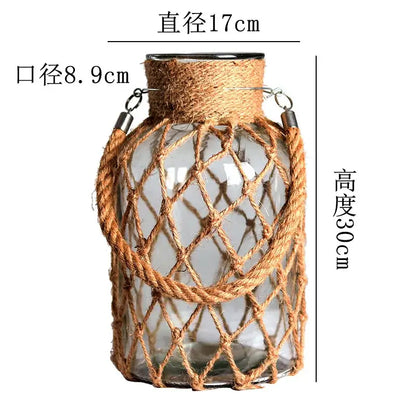 Rustic hanging glass vase with twine and metal handle – living room