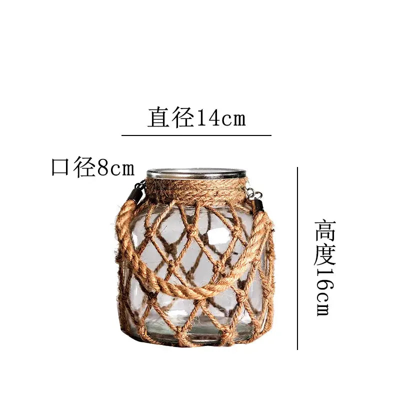 Rustic hanging glass vase with twine and metal handle – living room