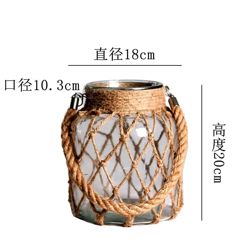 Rustic hanging glass vase with twine and metal handle – living room