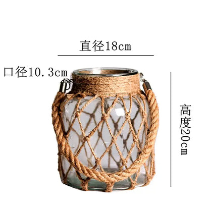 Rustic hanging glass vase with twine and metal handle – living room