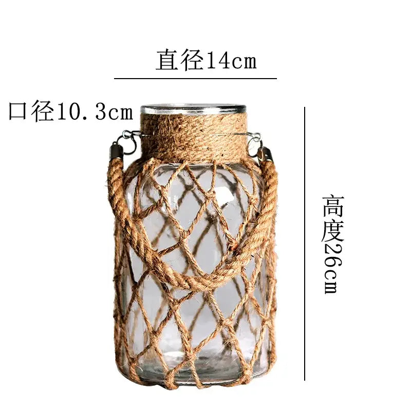 Rustic hanging glass vase with twine and metal handle – living room