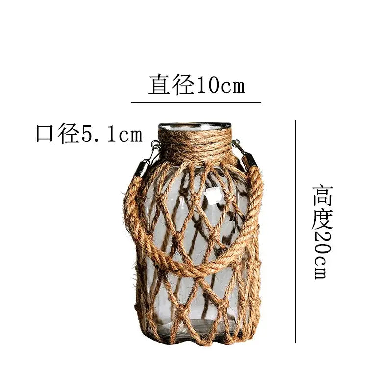 Rustic hanging glass vase with twine and metal handle – living room