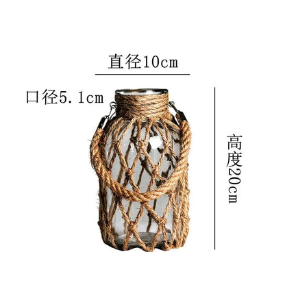Rustic hanging glass vase with twine and metal handle – living room