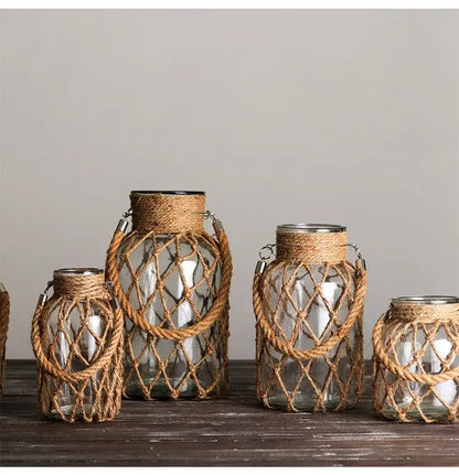 Rustic hanging glass vase with twine and metal handle – living room