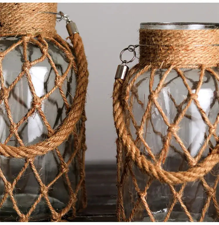 Rustic hanging glass vase with twine and metal handle – living room