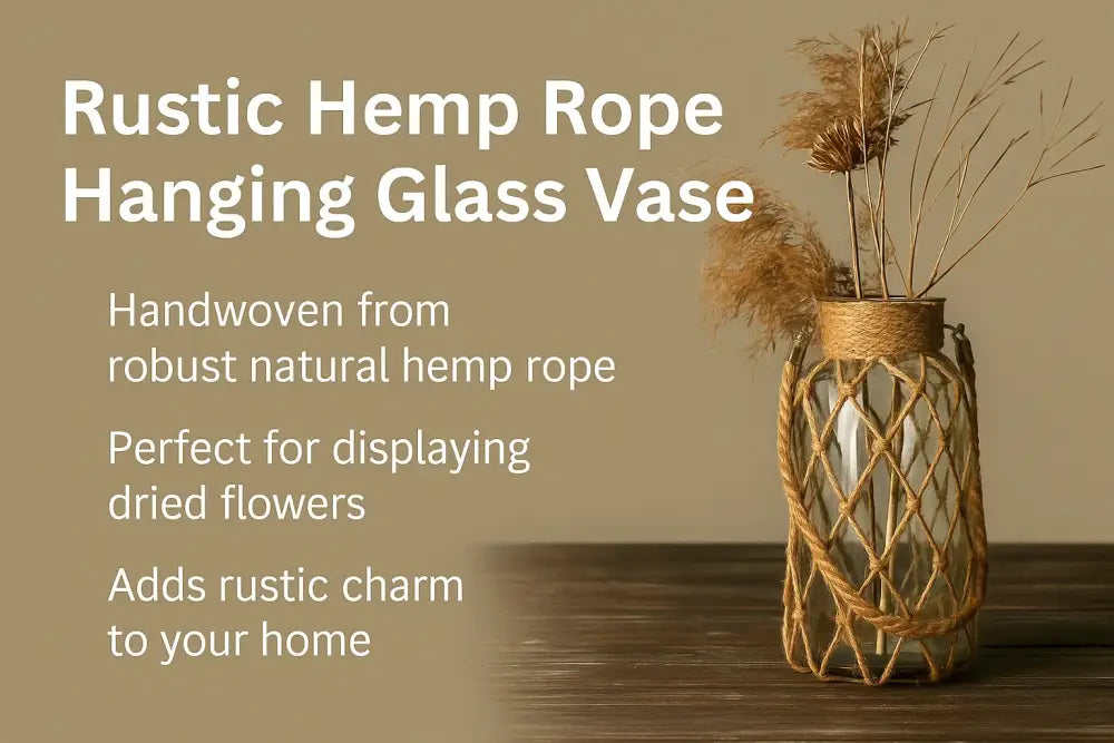 Rustic hanging glass vase with twine and metal handle – living room