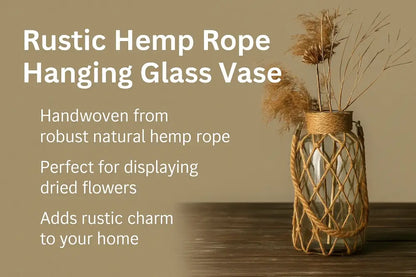 Rustic hanging glass vase with twine and metal handle – living room