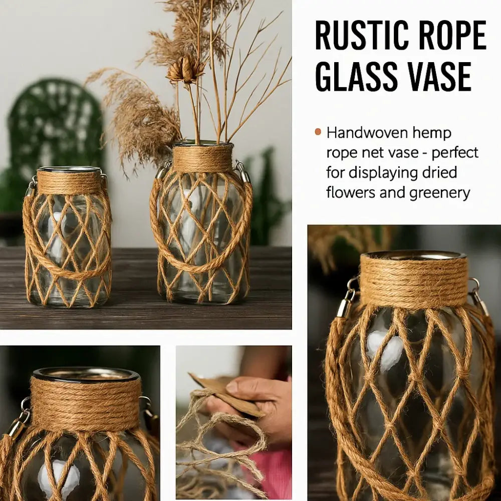 Rustic hanging glass vase with twine and metal handle – living room