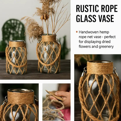 Rustic hanging glass vase with twine and metal handle – living room