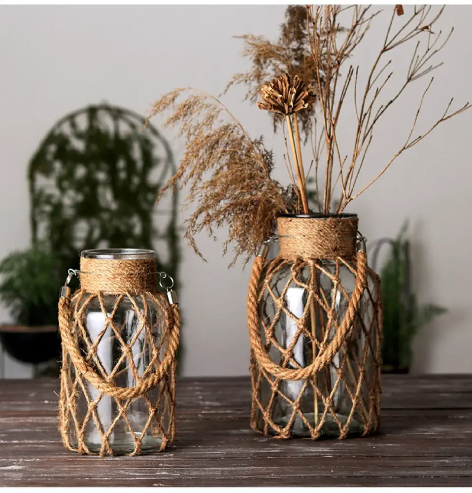 Rustic hanging glass vase with twine and metal handle – living room
