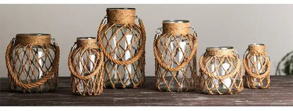 Rustic hanging glass vase with twine and metal handle – living room