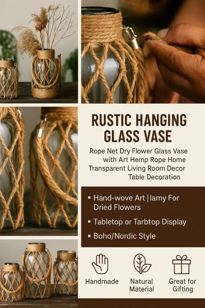 Rustic hanging glass vase with twine and metal handle – living room