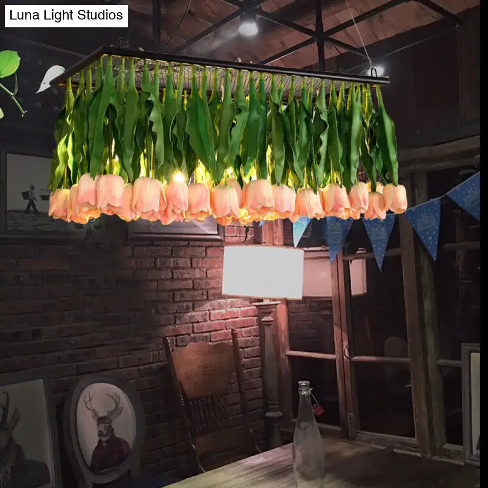 Rustic metal pink & green tulip island light fixture dining room