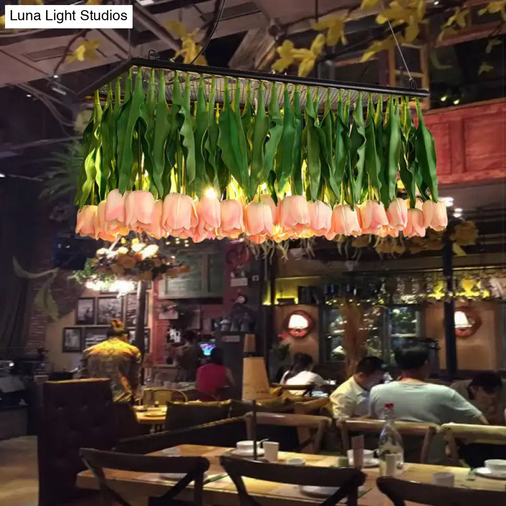 Rustic metal pink & green tulip island light fixture dining room