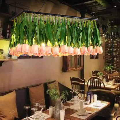 Rustic metal pink & green tulip island light fixture dining room