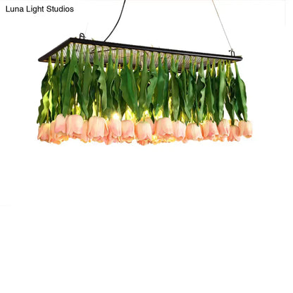 Rustic metal pink & green tulip island light fixture dining room