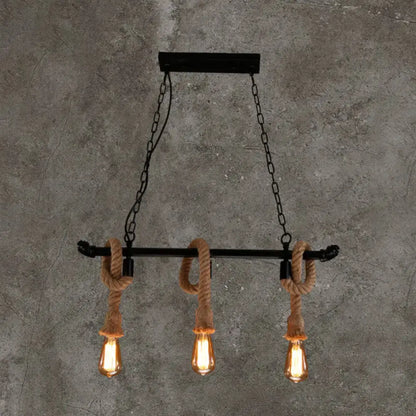 Industrial black water pipe hanging lamp with hemp rope dining room
