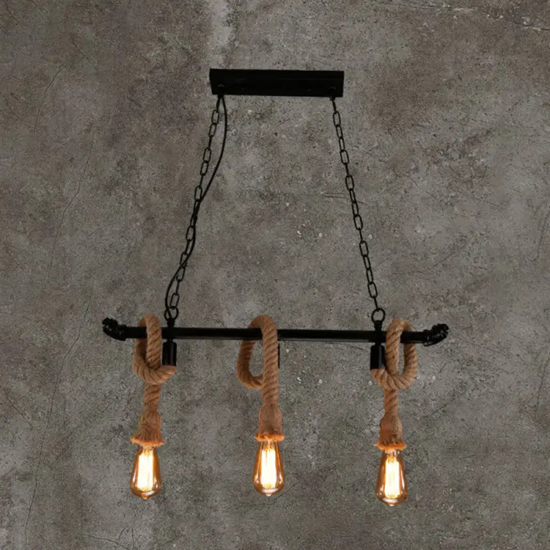 Industrial black water pipe hanging lamp with hemp rope dining room