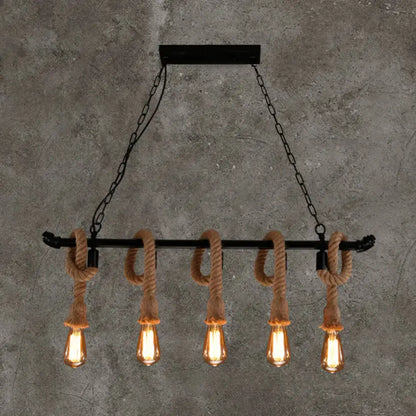 Industrial black water pipe hanging lamp with hemp rope dining room
