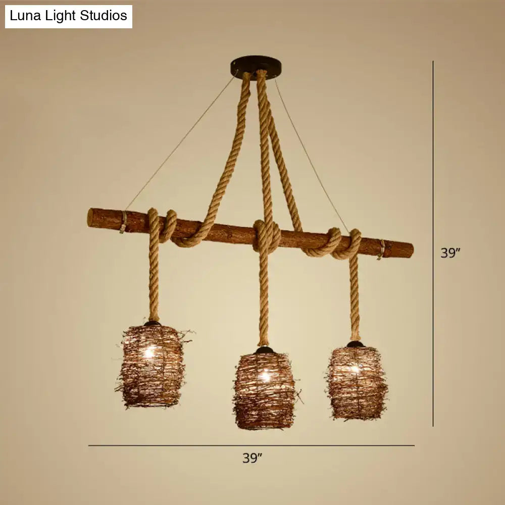 Rustic rattan woven triple pendant – dining room hanging light