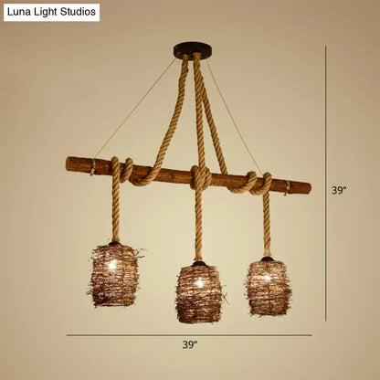 Rustic rattan woven triple pendant – dining room hanging light
